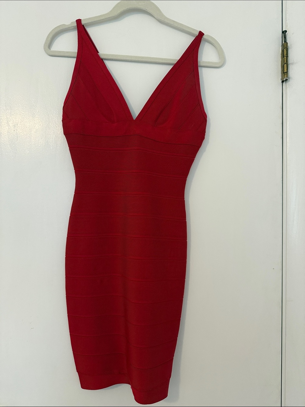 Herve Leger Red V-Neck Bandage Midi Dress